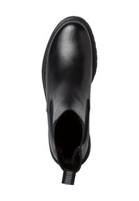Bottine en cuir noir avec un bout rond, des panneaux latéraux élastiques et une semelle en caoutchouc texturée. Inclut une languette pour un enfilage facile.