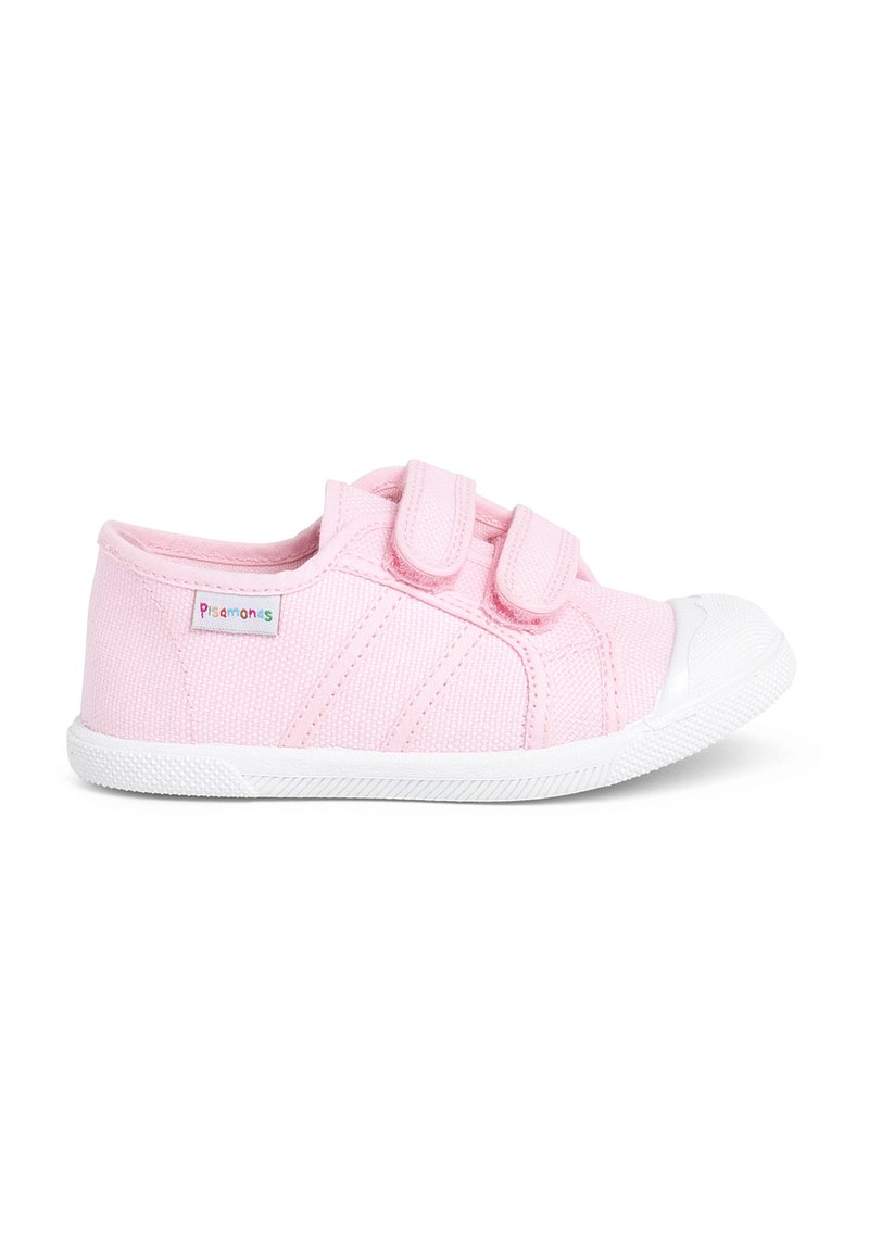 Rosa Stoffsneaker mit zwei Klettverschlussriemen, weißer Gummispitze und strukturiertem Sohle. Verfügt über diagonale Nähte und ein kleines Logotag.