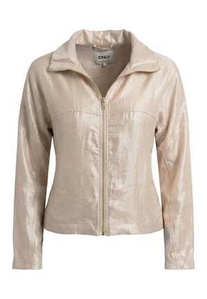 Lichtbeige jas met rits, lange mouwen en een hoge kraag, gemaakt van licht glanzende stof, met het label "ONLY" binnen in de kraag.
