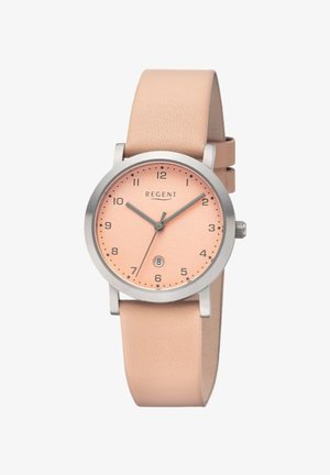 Montre ronde en argent avec cadran pêche, chiffres noirs, trois aiguilles, guichet date à 6 heures et bracelet en cuir pêche assorti.