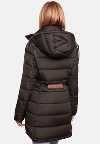 Black puffer coat with a hood, featuring a belted waist, quilted design, front pockets, and branded leather accent at the back.