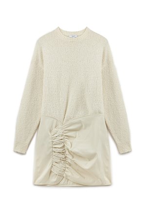 Lange mouwen, crème-kleurige sweater-jurk met een getextureerde gebreide top en een gladde stoffen rok met ruches aan de taille.