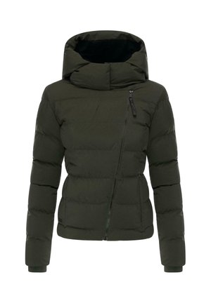 Dark green padded jacket with a high collar, zippered front pocket, and elastic cuffs. Features a cropped design and smooth texture.