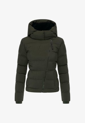 Dark green padded jacket with a high collar, zippered front pocket, and elastic cuffs. Features a cropped design and smooth texture.