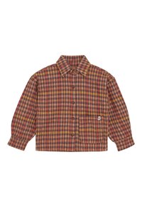Brown, red, and yellow plaid button-up shirt with long puffed sleeves and a collar, laid flat on a white background.