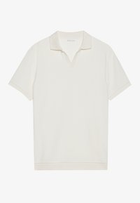 Weißes Poloshirt mit kurzen Ärmeln, V-Ausschnitt und strukturierter Stoffqualität. Schlichtes Design mit kontrastierenden Akzenten am Kragen und den Ärmeln.