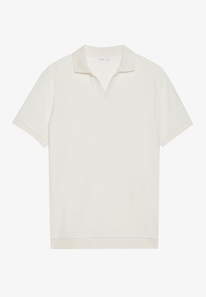 White, short-sleeve polo shirt featuring a V-neck and textured fabric. Simple design with contrasting collar and sleeve accents.