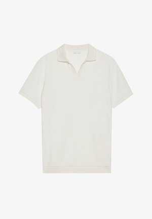Polo shirt bianco a maniche corte con scollo a V e tessuto testurizzato. Design semplice con colletto e accenti delle maniche a contrasto.