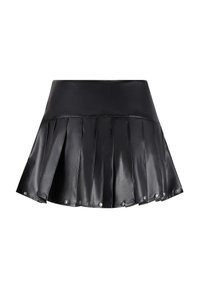 Gonna pieghettata nera in pelle con vita aderente, caratterizzata da bottoni decorativi in argento lungo l'orlo, texture liscia e lunghezza corta.