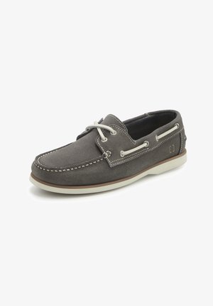 Gray suede boat shoe with white stitching, lace detail, and a brown rubber sole. Features a low-cut design and a smooth texture.