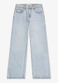 Lys blå vide jeans lagt flatt, med knappelukking, frontlommer og falmet tekstur, med hemmede kanter.