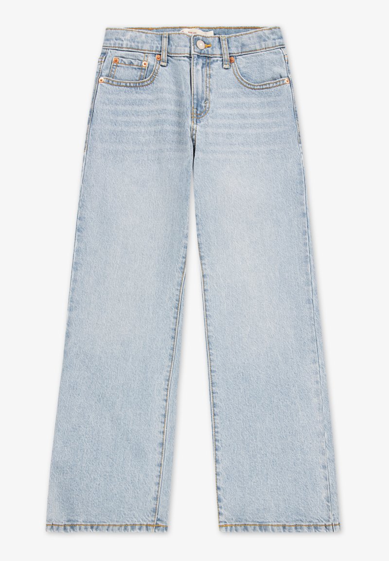 Lys blå vide jeans lagt flatt, med knappelukking, frontlommer og falmet tekstur, med hemmede kanter.