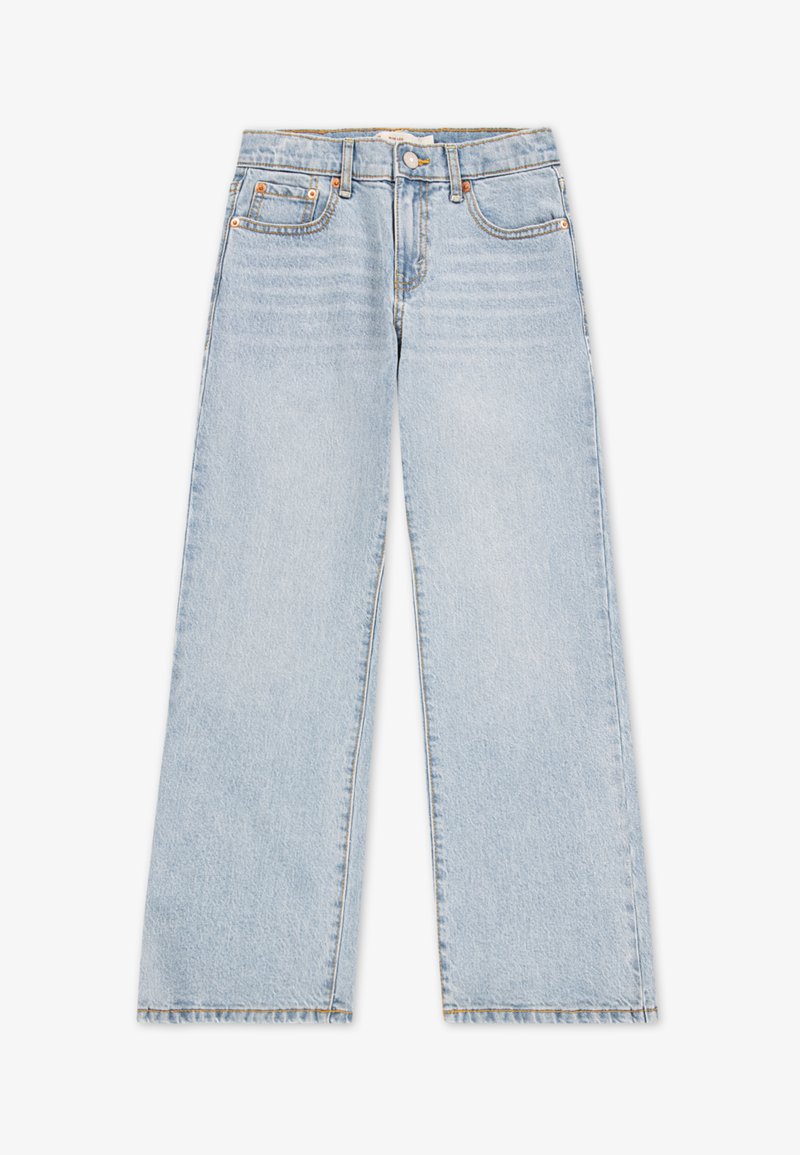 Jeans de pierna ancha de color azul claro presentados de forma plana, con cierre de botón, bolsillos frontales y textura desvanecida, con bordes rematados.