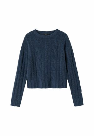 Pull en tricot bleu marine avec un motif en torsades et un ourlet côtelé. Il possède des manches longues et un col rond. Sa longueur est courte.