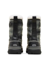 Sort- og gråternet ankelstøvler med gummisål, imiteret pelskant øverst og en tekstureret overflade. Har logo-detalje på hælen.