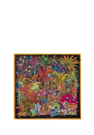 Colorful silk scarf featuring intricate floral and botanical patterns in vibrant hues, set against a black background with a gold border.