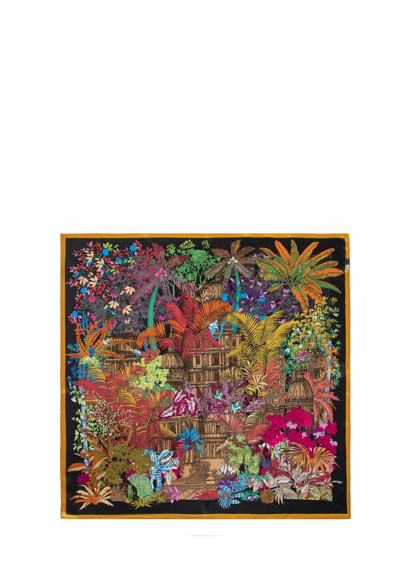 Foulard di seta colorato con intricati motivi floreali e botanici in tonalità vivaci, su uno sfondo nero con un bordo dorato.