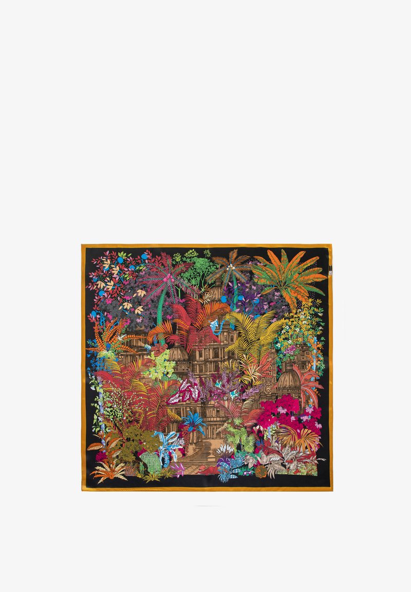 Foulard di seta colorato con intricati motivi floreali e botanici in tonalità vivaci, su uno sfondo nero con un bordo dorato.