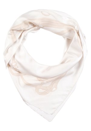 Écharpe en soie blanche avec un motif discret de mors d'équitation beiges et de lanières en cuir, pliée en forme triangulaire.