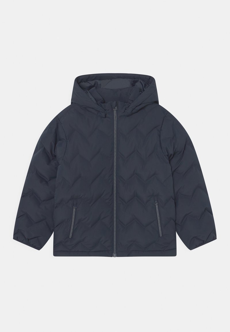 Doudoune bleu marine avec capuche, dotée d'une fermeture éclair frontale, de poches latérales et d'un motif matelassé en losanges pour l'isolation.