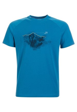 Blå kortærmet t-shirt med et bjergmotiv og teksten "Mönch 4.107 m" trykt på brystet.