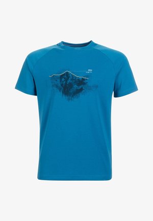 T-shirt bleu à manches courtes avec un graphique de montagne et le texte d'altitude "Mönch 4 107 m" imprimé sur la poitrine.