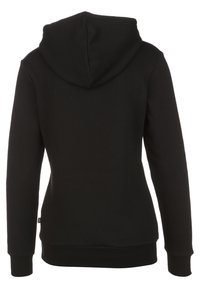 Svart hoodie i mjukt tyg, med dragsko i huvan, långa ärmar och en figurnära design med ribbade muddar och nederkant.