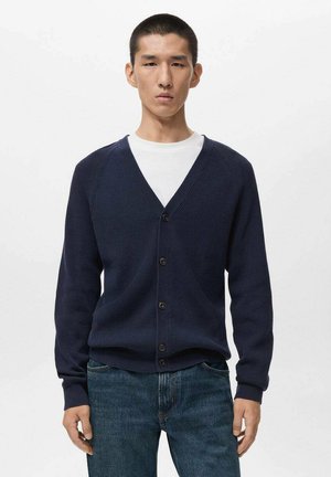 Navy ribbed cardigan with a v-neck, button closure, and long sleeves. Worn over a white crew-neck t-shirt, paired with blue jeans.