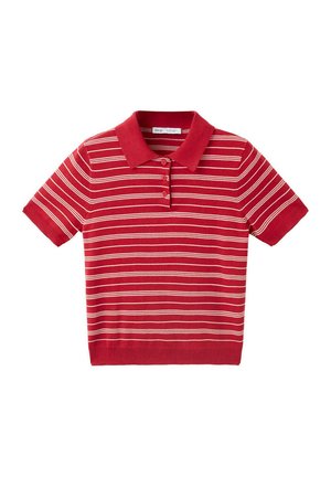 Polo rouge à manches courtes avec des rayures horizontales blanches et trois boutons sur la patte de boutonnage avant.
