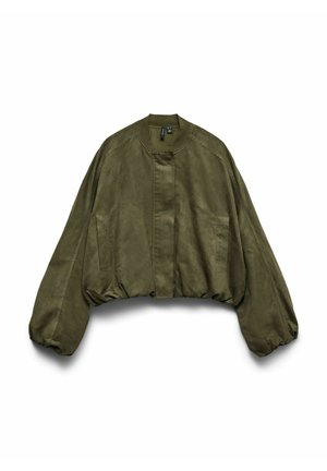 Olivzāles zaļa saīsināta jaka ar balona piedurknēm, apaļu apkakli, slēptu priekšējo aizdari un sānu kabatām.