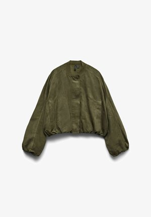 Olivengrønn kort jakke med ballongerm, rund krage, skjult frontåpning og sidelommer.