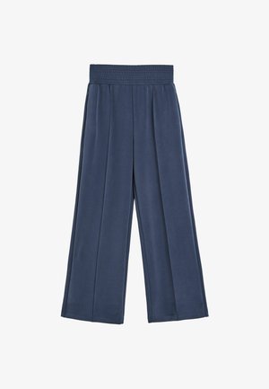Granatowe spodnie o szerokich nogawkach z elastycznym pasem i przeszyciami z przodu, wykonane z miękkiego, gładkiego materiału.