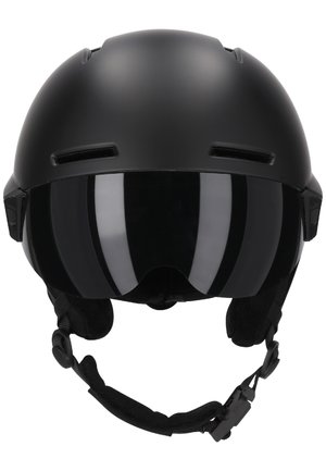 Sort skihjelm med en glat mat finish, rund form, integreret visir og ventilationsslidser, udstyret med en justerbar polstret hagebånd.