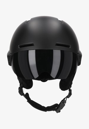 Casco da sci nero con finitura opaca liscia, forma arrotondata, visiera integrata e fessure di ventilazione, dotato di cinturino per il mento imbottito regolabile.