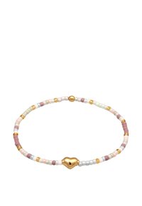 Pärlarmband med pastellfärgade pärlor i rosa, lavendel, vitt och guldaccenter, med en central hjärtformad charm i guld.