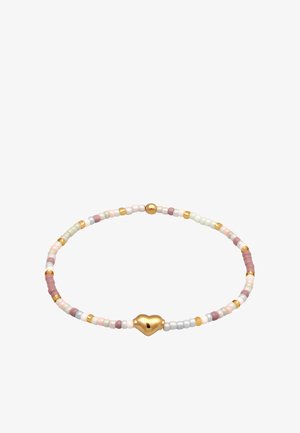 Perlenarmband mit pastellfarbenen Perlen in Rosa, Lavendel, Weiß und goldenen Akzenten, versehen mit einem zentralen goldenen herzförmigen Charm.