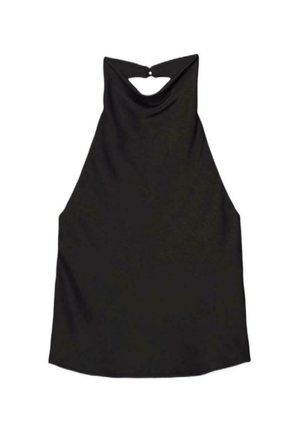 Crni top bez rukava s visokim vratom i malim izrezom u obliku ključa osiguranim gumbom na stražnjoj strani.