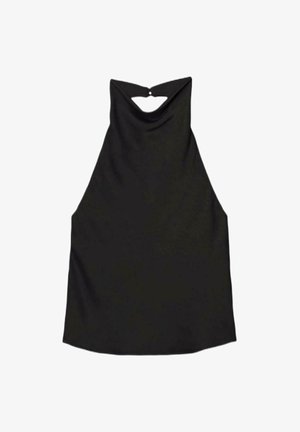 Čierny bezrukávový halter top s vysokým výstrihom a malým výrezom na chrbte, ktorý je upevnený gombíkom.
