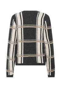 Grau- und cremefarbener karierter Cardigan mit langen Ärmeln, aus Wollmaterial, gerader Schnitt, mit breiten Streifen und einem lässigen Design.