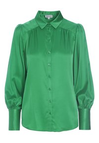 Blusa in satin verde con colletto a punta, chiusura a bottoni e maniche a sbuffo. Tessuto liscio e vestibilità comoda, con una leggera lucentezza.