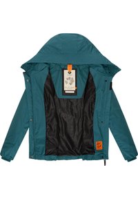 Teal waterproof jacket with a hood, featuring a black inner lining, elastic waist, and an orange tag. Smooth texture and functional design.