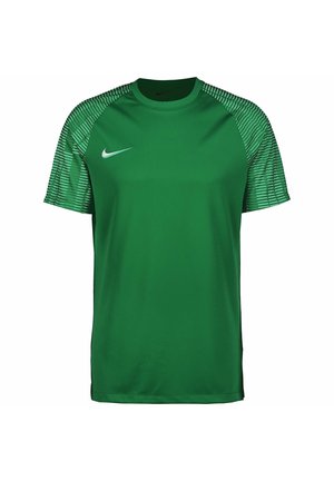 Groene sport T-shirt met korte mouwen, met een effen lichaam en een gestreept patroon op de schouders. Zachte stof met een ronde hals.
