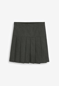 Donkergrijze plissérok met een gladde tailleband, gemaakt van textiel met structuur, met gelijkmatig verdeelde verticale plooien voor vorm en beweging.