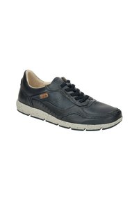 Zapatilla negra de cuero con paneles texturizados, diseño de cordones y suela de goma gris moteada. Presenta un pequeño detalle de marca en el lateral.