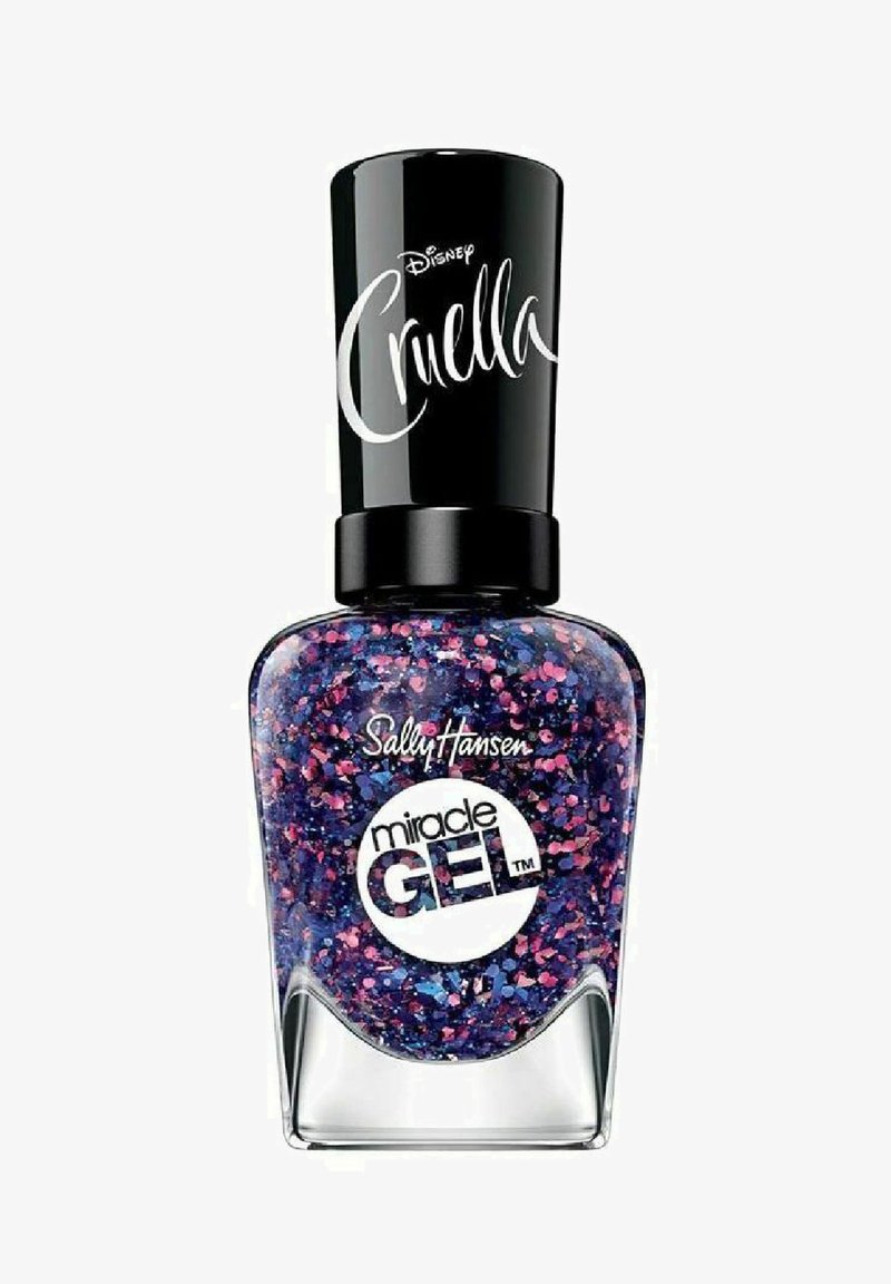 Sally Hansen Miracle Gel, joka on kirkkaassa lasipullossa, tuo esiin tumman violetin pohjan, jossa on vaaleanpunaisia ja sinisiä kimalteita. Musta korkki, jossa on "Cruella" -etiketti.