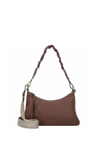 Sac à épaule en cuir marron avec une forme courbée, poignées tressées et une bandoulière amovible avec un motif tissé. Détail de compartiment zippé.