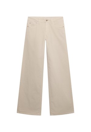 Pantalon beige à jambes larges avec bouton et fermeture éclair à l'avant, passants pour ceinture, et design à cinq poches, posé à plat sur un fond blanc.