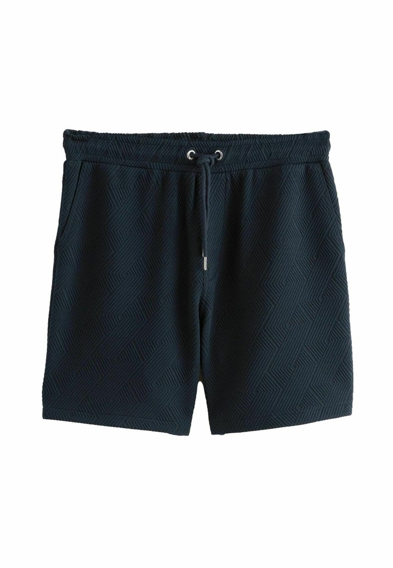 Shorts bleu marine en tissu texturé avec un motif géométrique, taille élastique avec cordon de serrage et poches latérales.