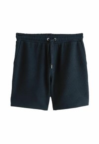 Navy blue shorts with a textured herringbone pattern, featuring an elastic waistband with drawstring and metal aglets.