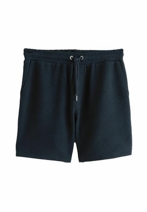 Pantaloncini blu navy con motivo a spina di pesce texturizzato, dotati di una vita elasticizzata con coulisse e terminali in metallo.